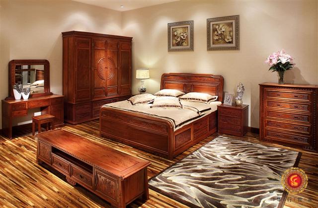 巴花如意妝臺+四門衣柜+高箱大床+吉祥地柜+奇典五斗柜